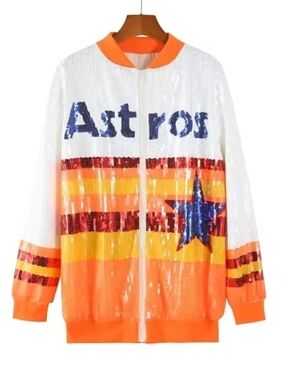 "Houston Astros" Sequined Zip Up Orange Jacket With White Trim & Blue Star